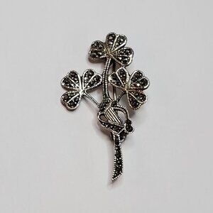 Vintage 925 Sterling Silver Marcasite Shamrock Brooch Pin Lucky 3 Leaf Clover